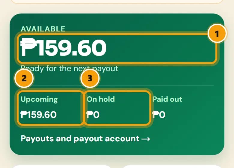 The balance card from a demo account: Available ₱159.60, with Upcoming ₱159.60, On hold ₱0 and Paid out ₱0 under it, numbered 1 to 3.