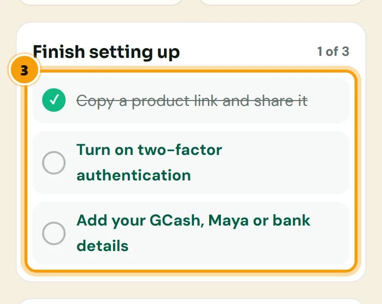 The Finish setting up checklist with three tasks, one of them done, numbered 3.
