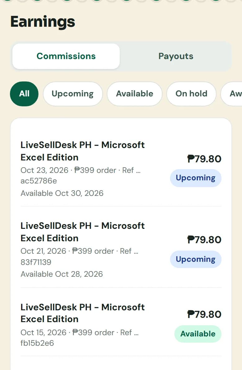 Earnings tab on Commissions, with filters for All, Upcoming, Available and On hold, and a list of demo orders with their status.