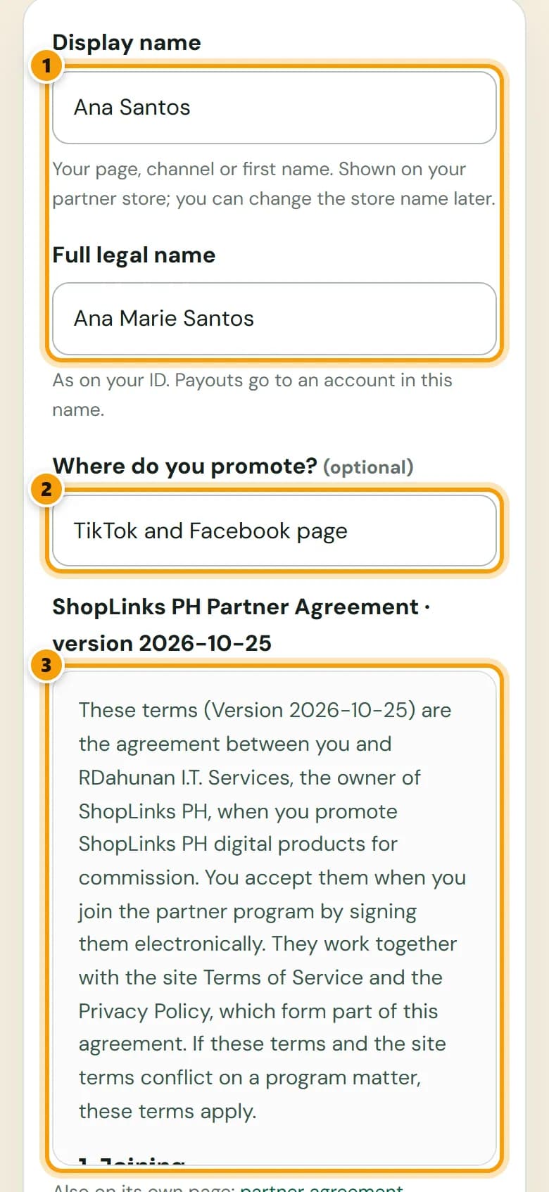 Join form with display name and full legal name, the optional Where do you promote field, and the agreement text box, numbered 1 to 3.