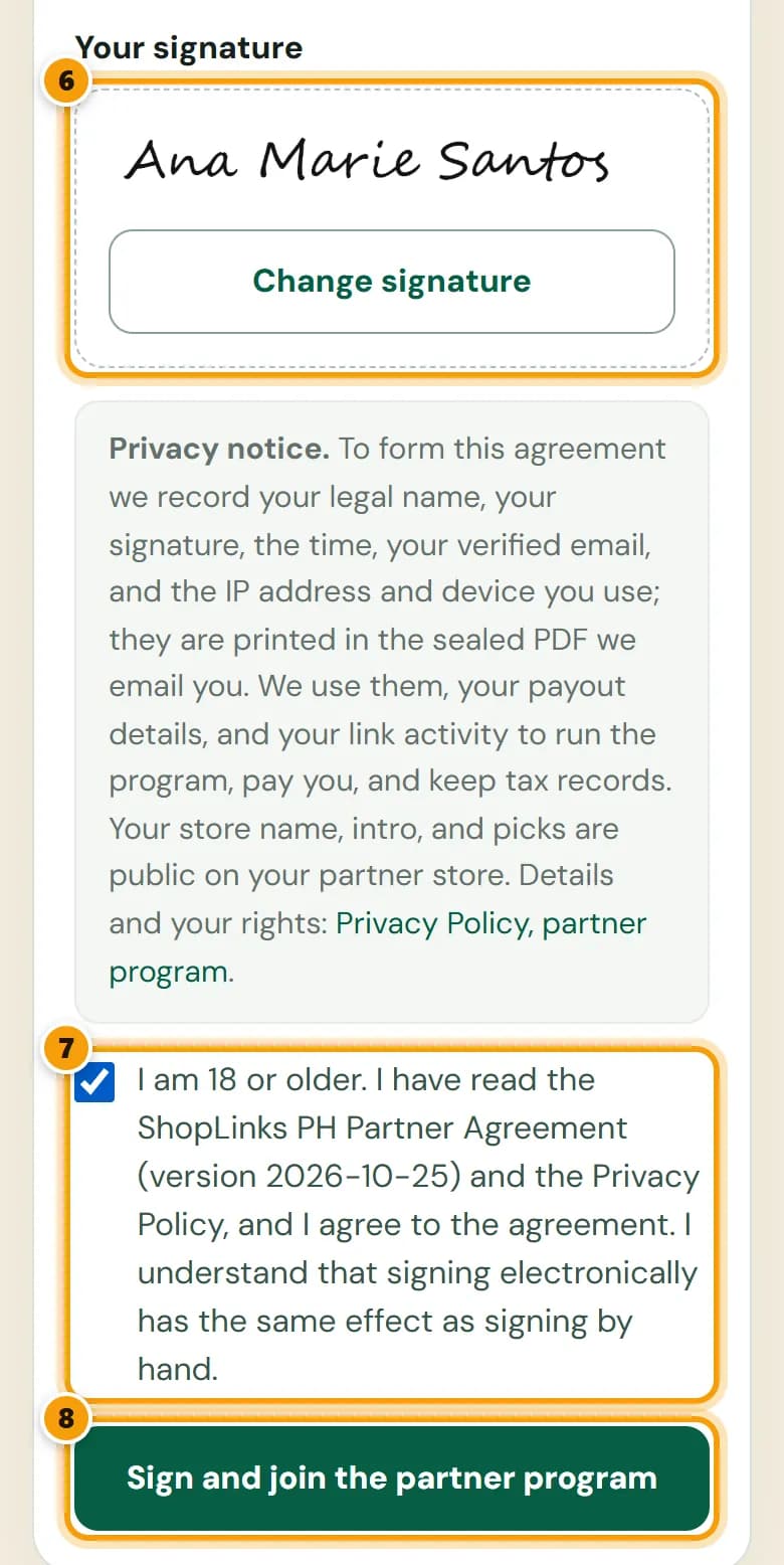 The finished signature, the 18-or-older agreement checkbox, and the Sign and join the partner program button, numbered 6 to 8.