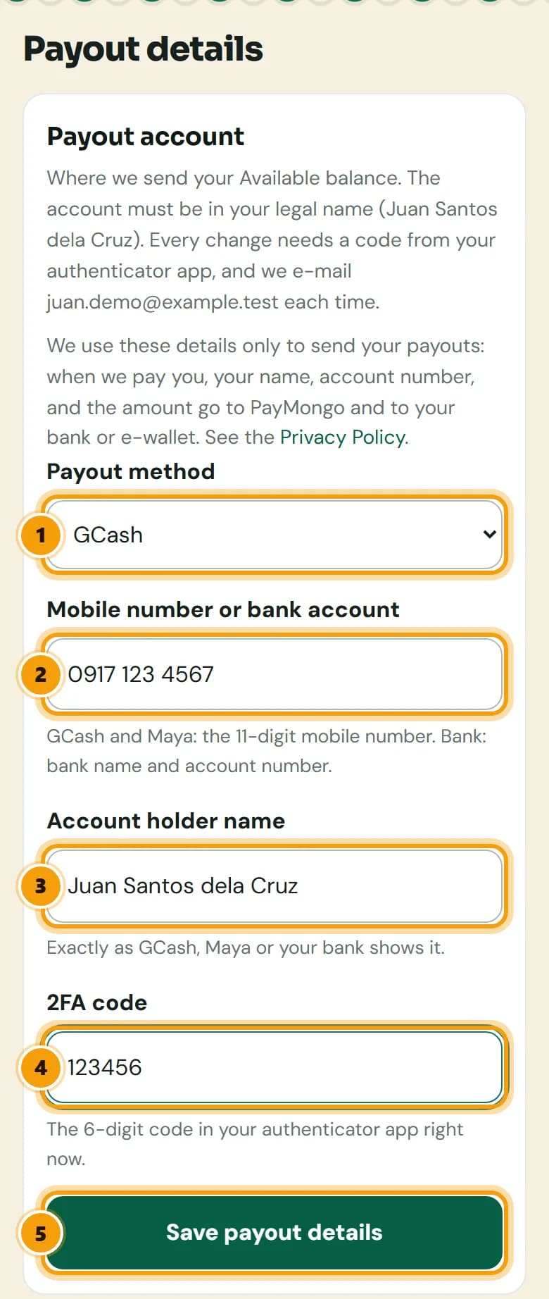 Payout account form with payout method GCash, the mobile number, the account holder name, the 2FA code and the Save payout details button, numbered 1 to 5.