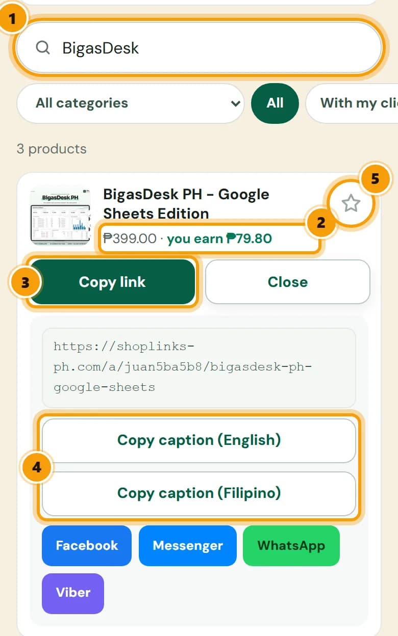 Links tab with the search box showing BigasDesk, a BigasDesk PH product row with ₱399 and you earn ₱79.80, the Copy link button, the open Share panel with Copy caption (English) and (Filipino), and the star that adds it to your store, numbered 1 to 5.