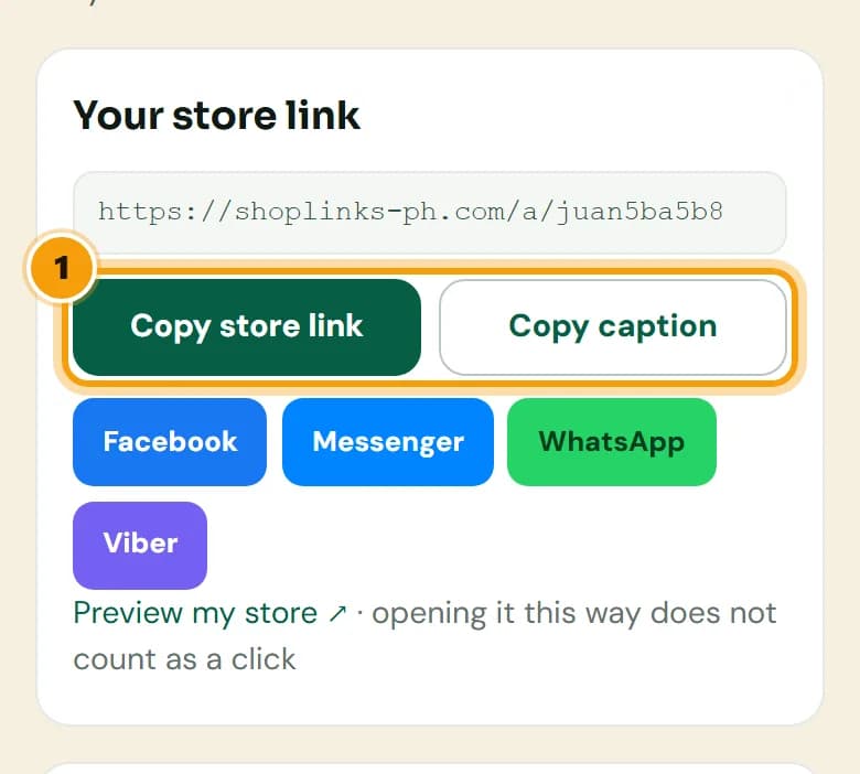 Store tab with your store link, the Copy store link and Copy caption buttons, and the Facebook, Messenger, WhatsApp and Viber buttons, numbered 1.