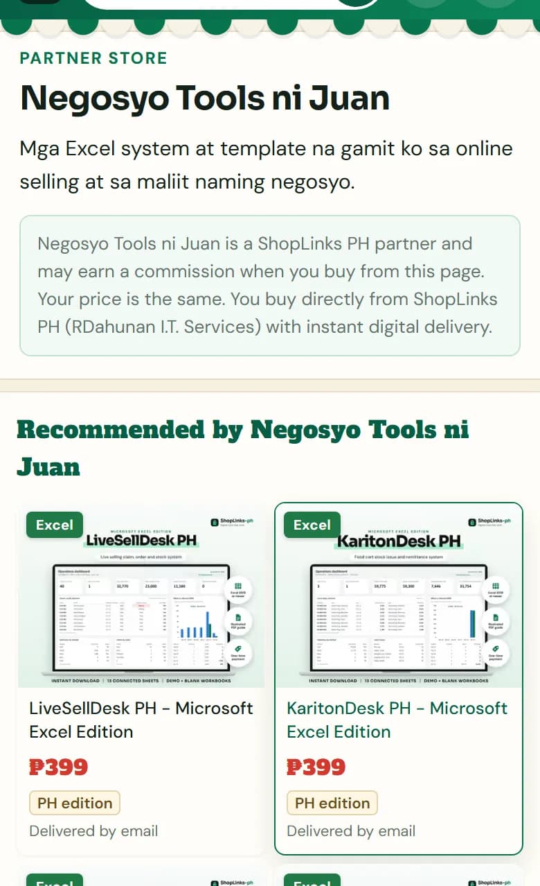 A partner store page as buyers see it: store name, intro, a note that the partner may earn a commission, and two recommended products.