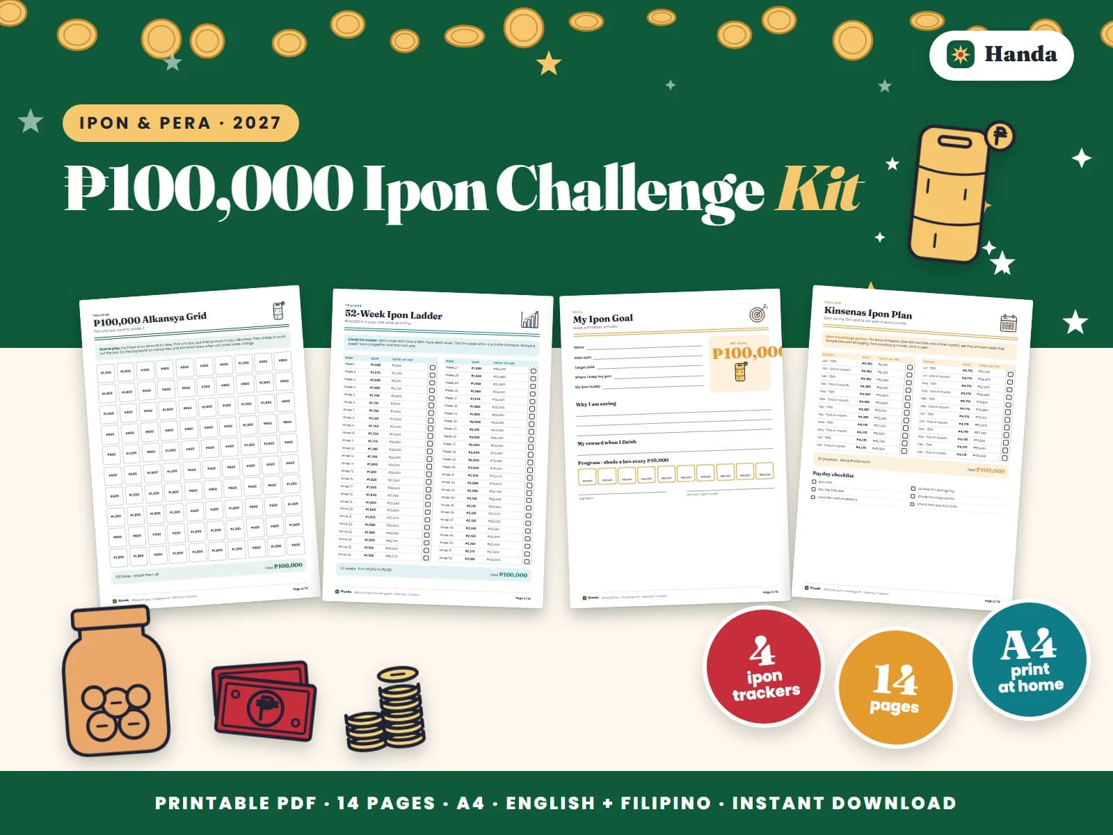 Cover of ₱100,000 Ipon Challenge Kit, a printable ipon challenge kit showing four of its pages