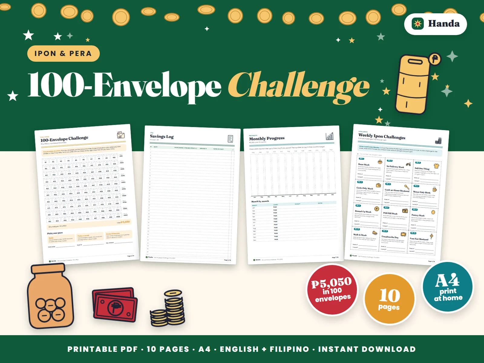 Cover of 100-Envelope Challenge, a printable ipon challenge kit showing four of its pages