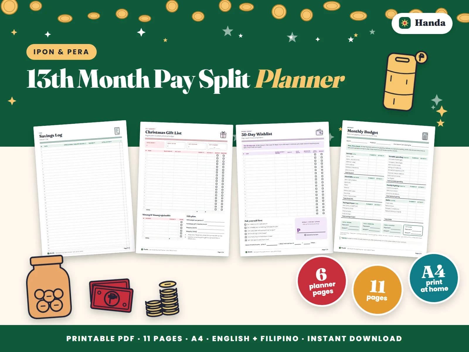 Cover of 13th Month Pay Split Planner, a printable budget planner showing four of its pages