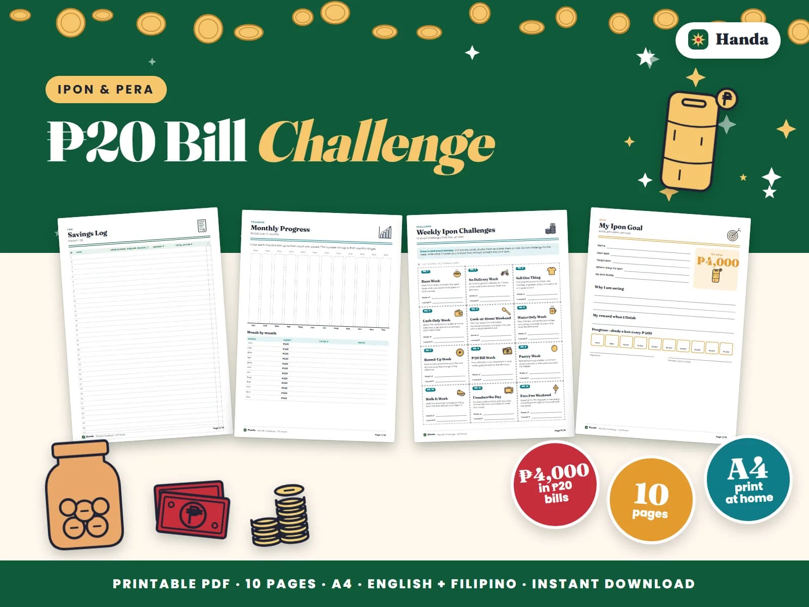 Cover of ₱20 Bill Challenge, a printable ipon challenge kit showing four of its pages