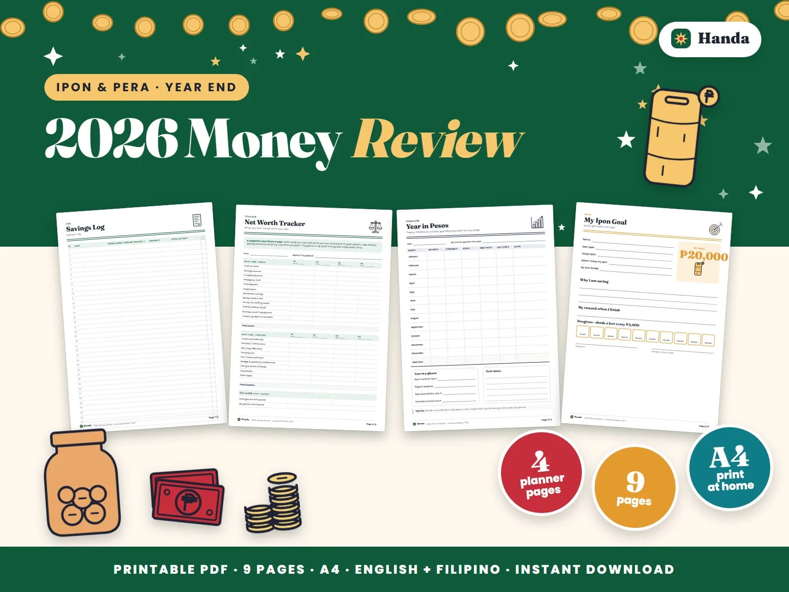 Cover of 2026 Money Review, a printable budget planner showing four of its pages