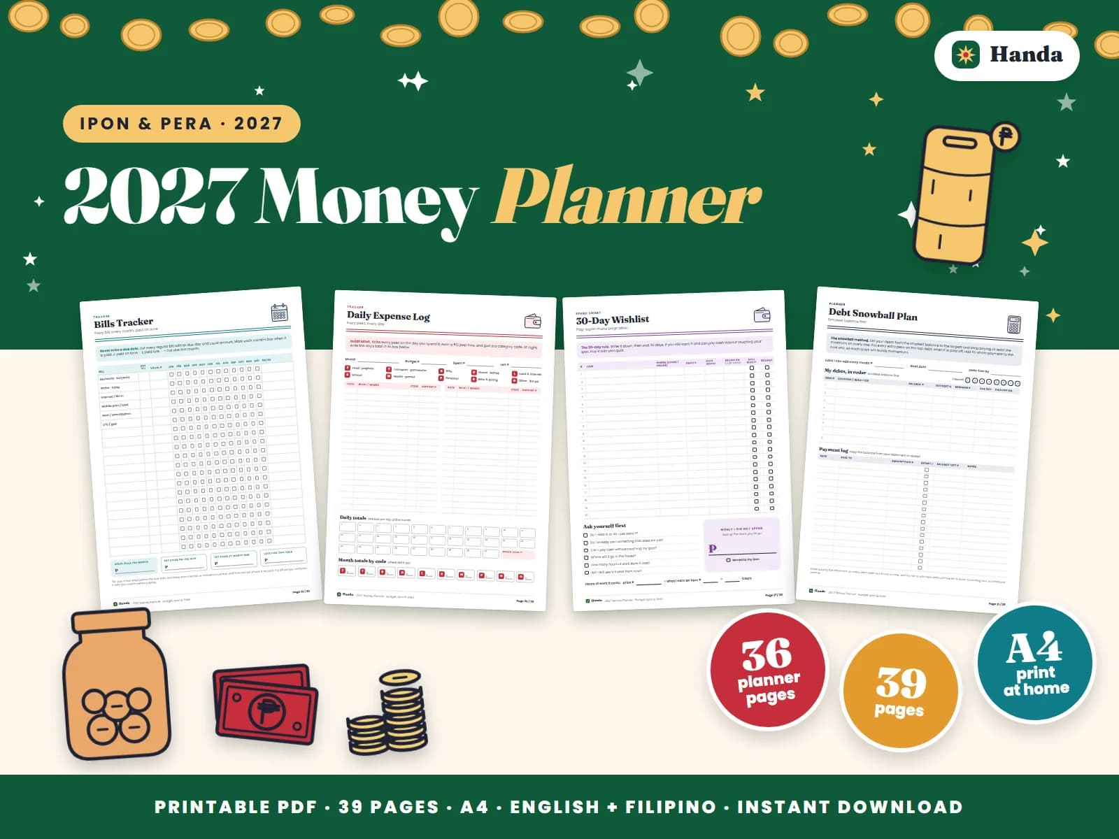 Cover of 2027 Money Planner, a printable budget planner showing four of its pages