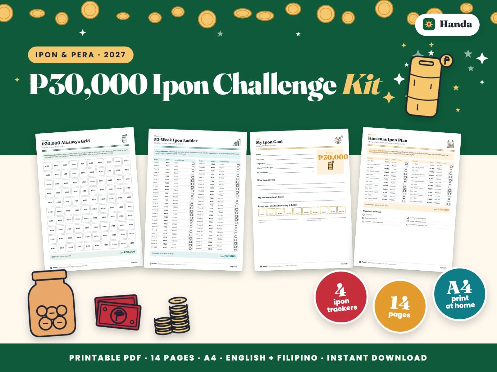 Cover of ₱30,000 Ipon Challenge Kit, a printable ipon challenge kit showing four of its pages