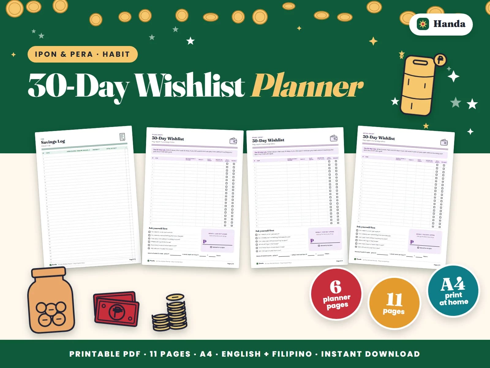 Cover of 30-Day Wishlist Planner, a printable budget planner showing four of its pages