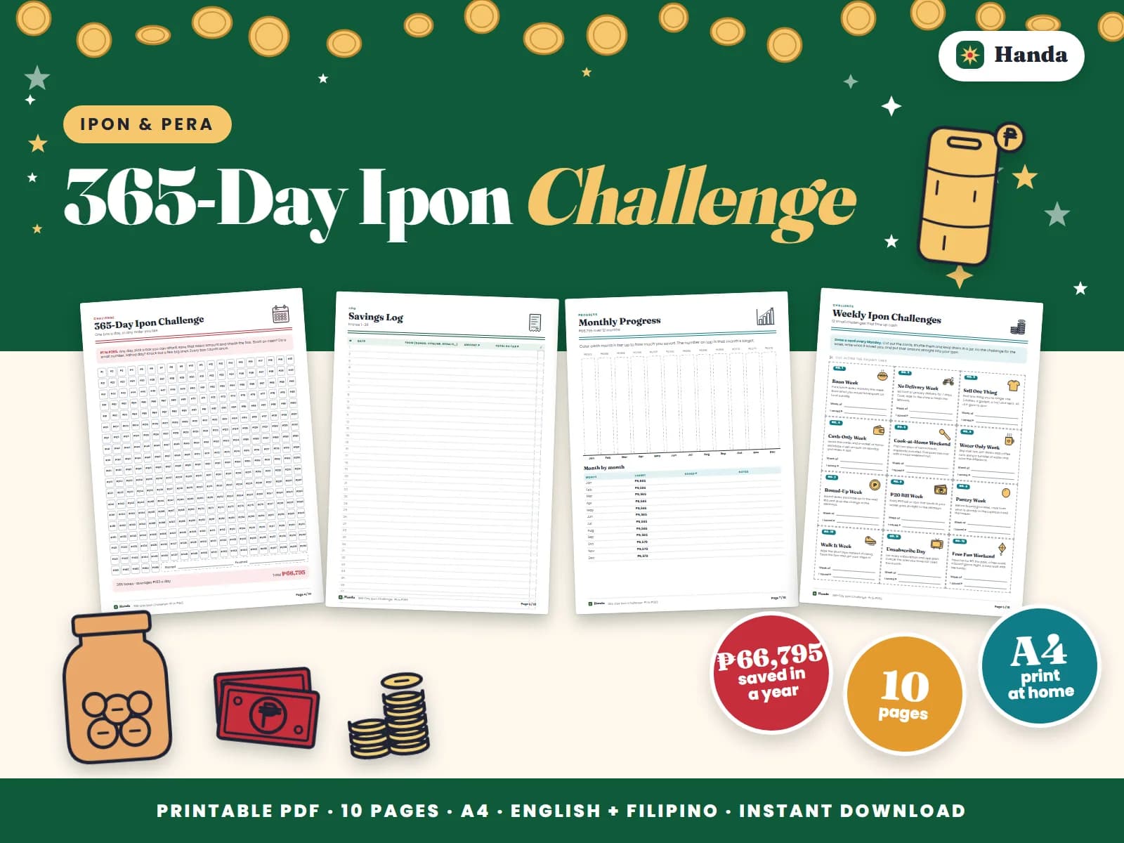 Cover of 365-Day Ipon Challenge, a printable ipon challenge kit showing four of its pages