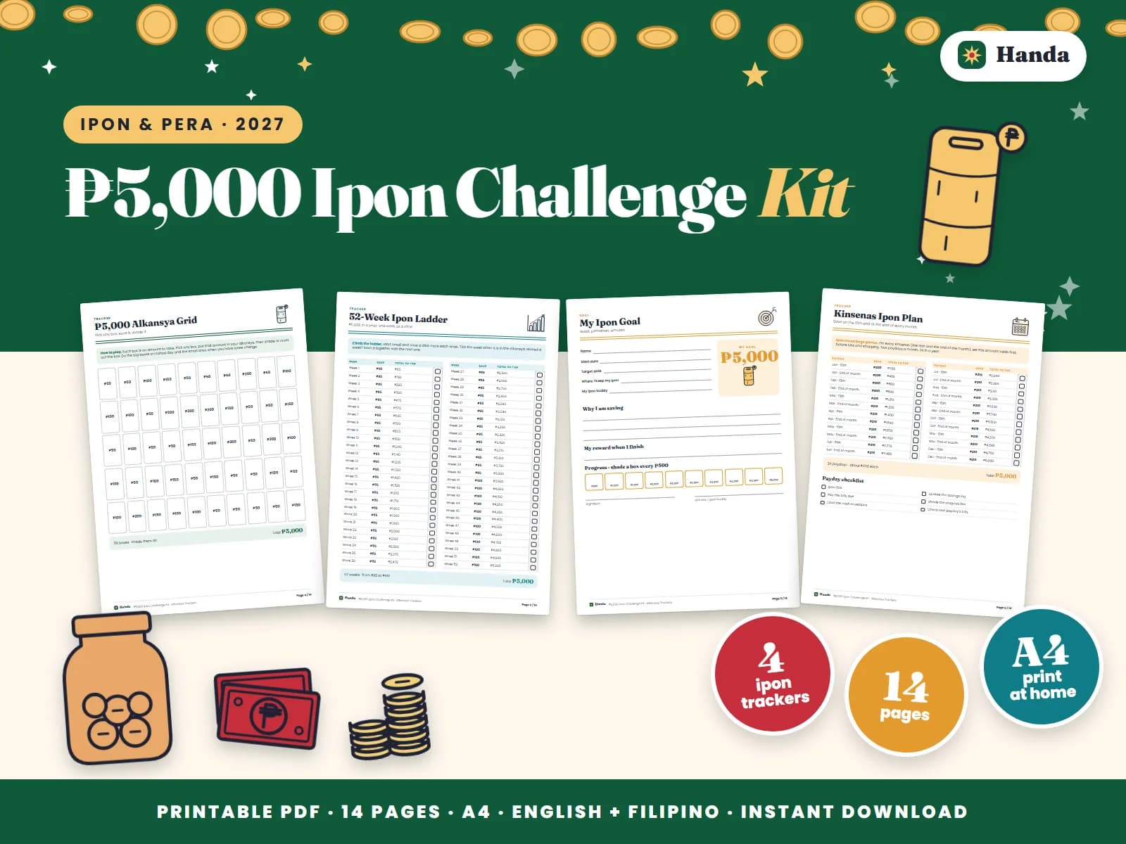 Cover of ₱5,000 Ipon Challenge Kit, a printable ipon challenge kit showing four of its pages