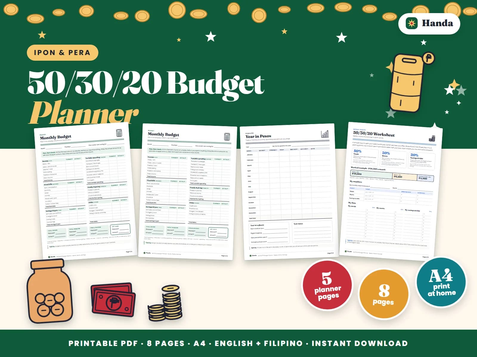 Cover of 50/30/20 Budget Planner, a printable budget planner showing four of its pages
