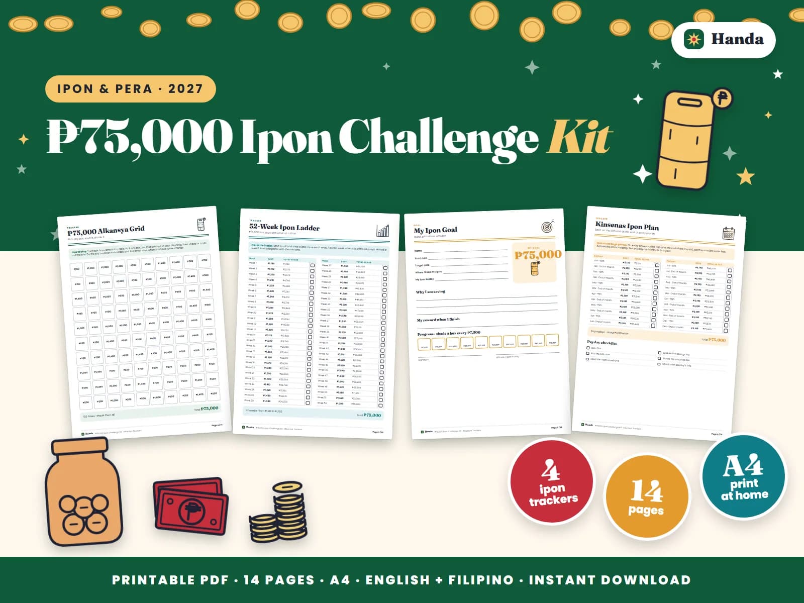 Cover of ₱75,000 Ipon Challenge Kit, a printable ipon challenge kit showing four of its pages