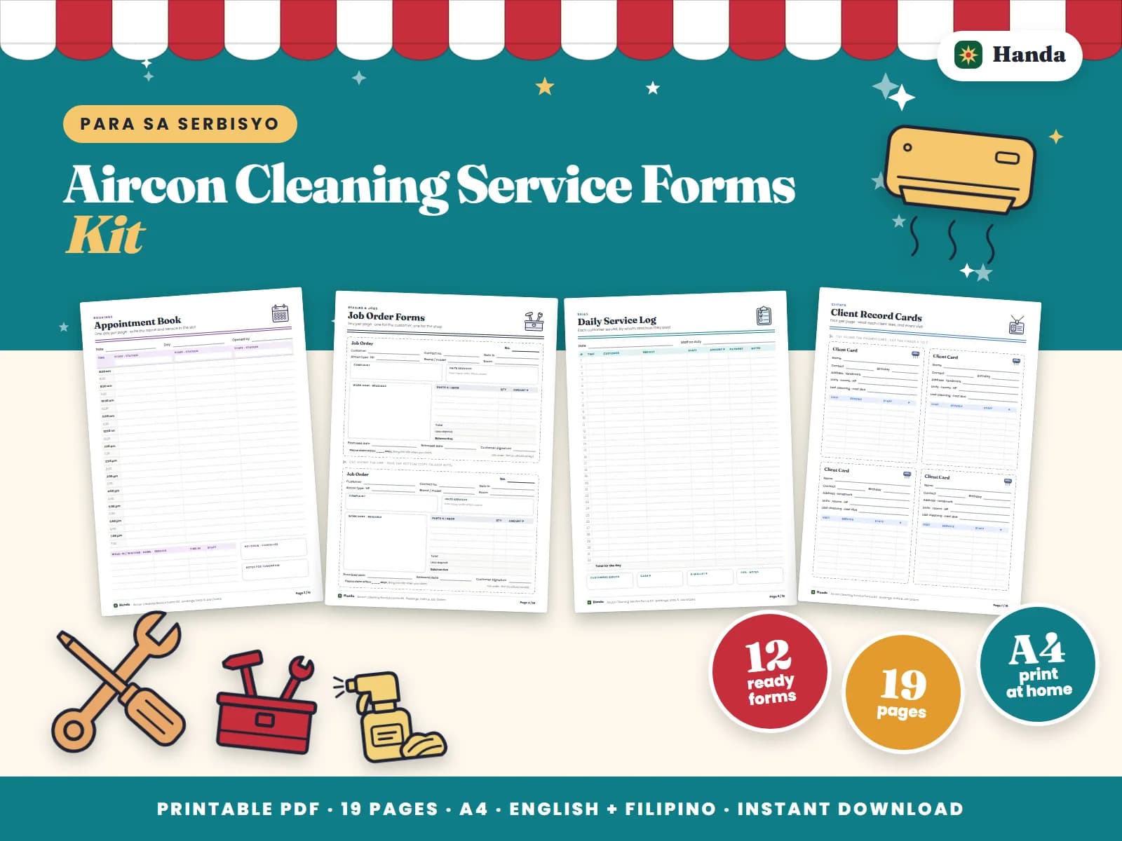 Cover of Aircon Cleaning Service Forms Kit, a printable service business forms kit showing four of its pages