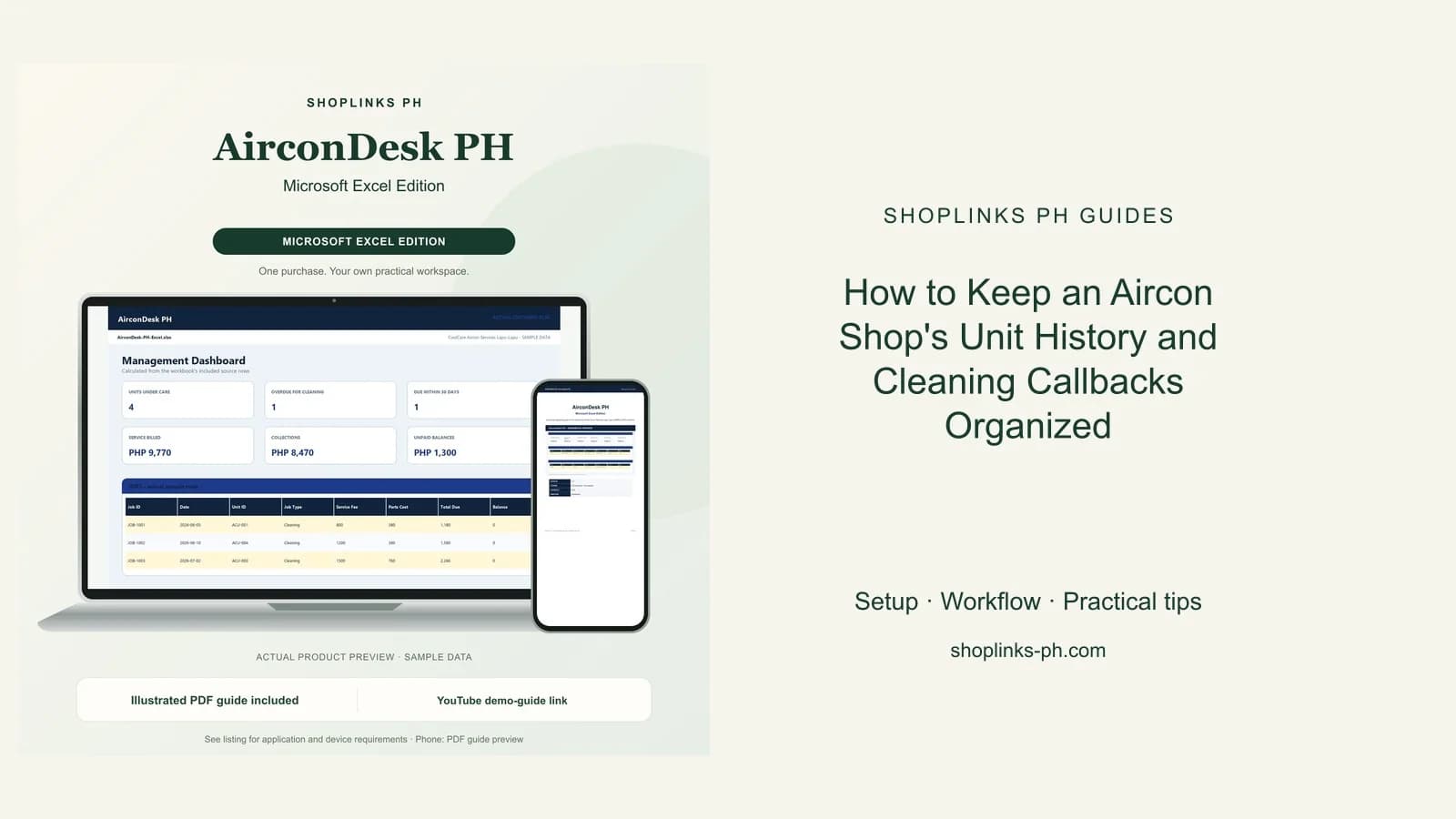 AirconDesk PH Microsoft Excel Edition dashboard using fictional sample data