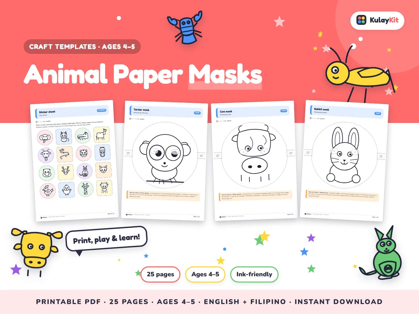 Cover of Animal Paper Masks, a printable pack for preschoolers ages 4 to 5, showing four of its pages