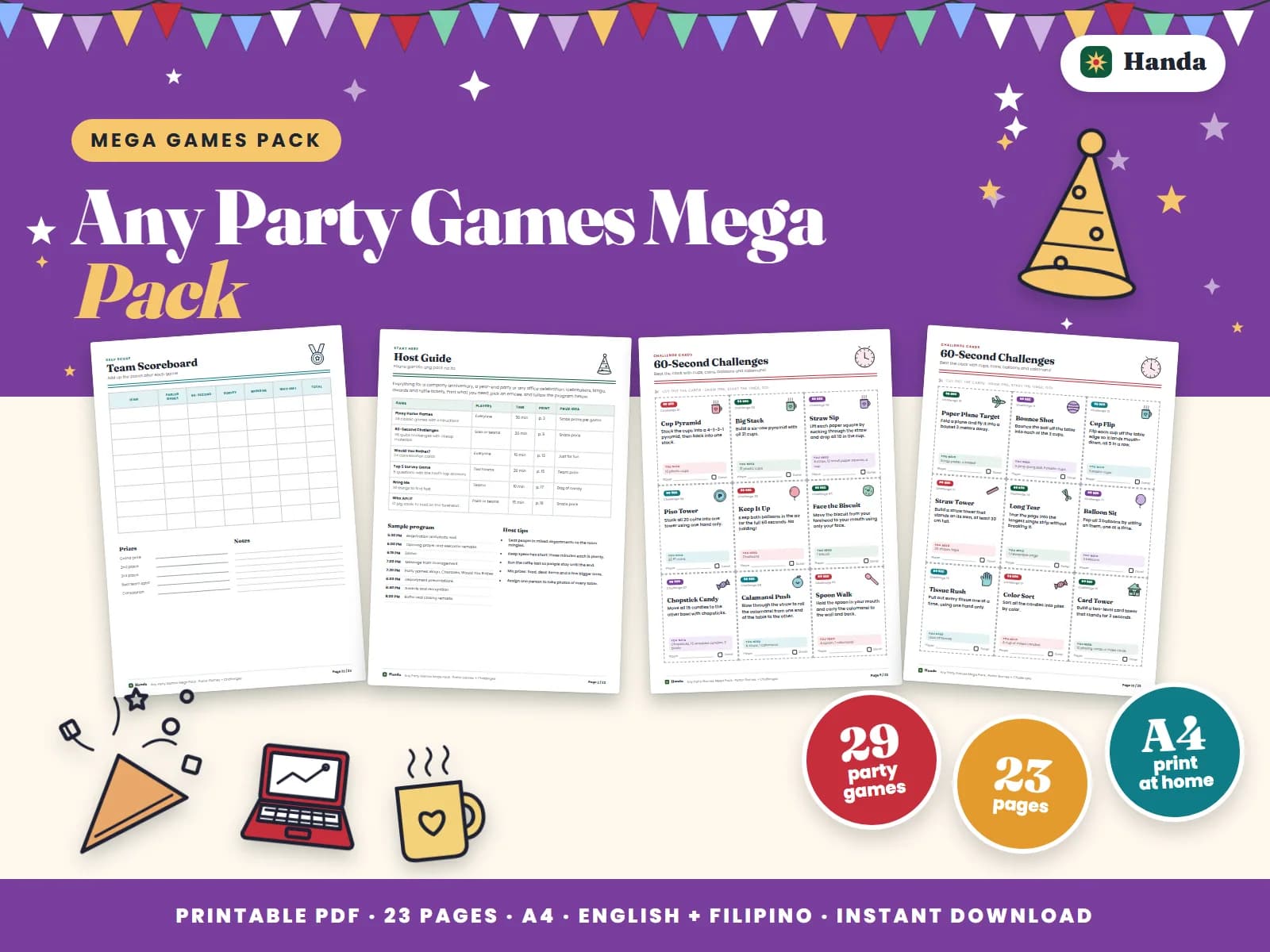 Cover of Any Party Games Mega Pack, a printable mega games pack showing four of its pages