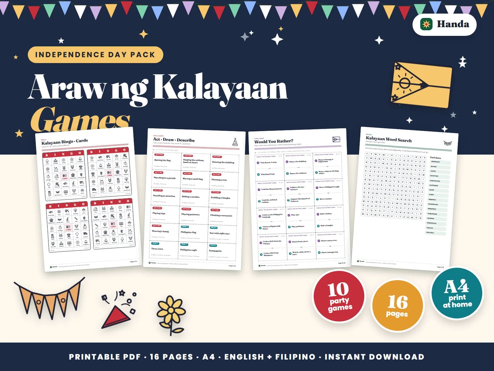 Cover of Araw ng Kalayaan Games, a printable party games pack showing four of its pages