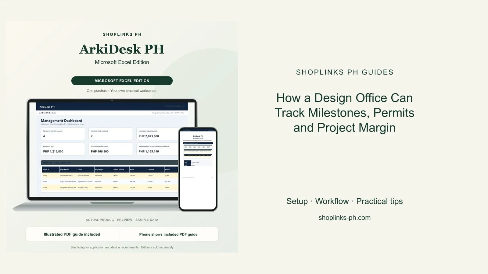 ArkiDesk PH Microsoft Excel Edition dashboard using fictional sample data