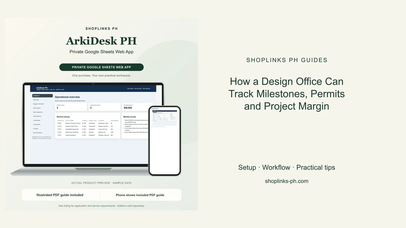 ArkiDesk PH Private Google Sheets Web App dashboard using fictional sample data