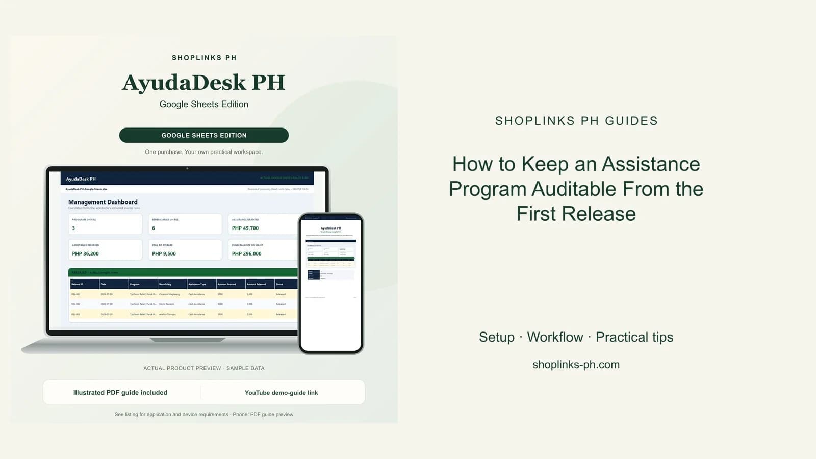 How to Keep an Assistance Program Auditable From the First Release: matching product and illustrated guide previews on laptop and phone.