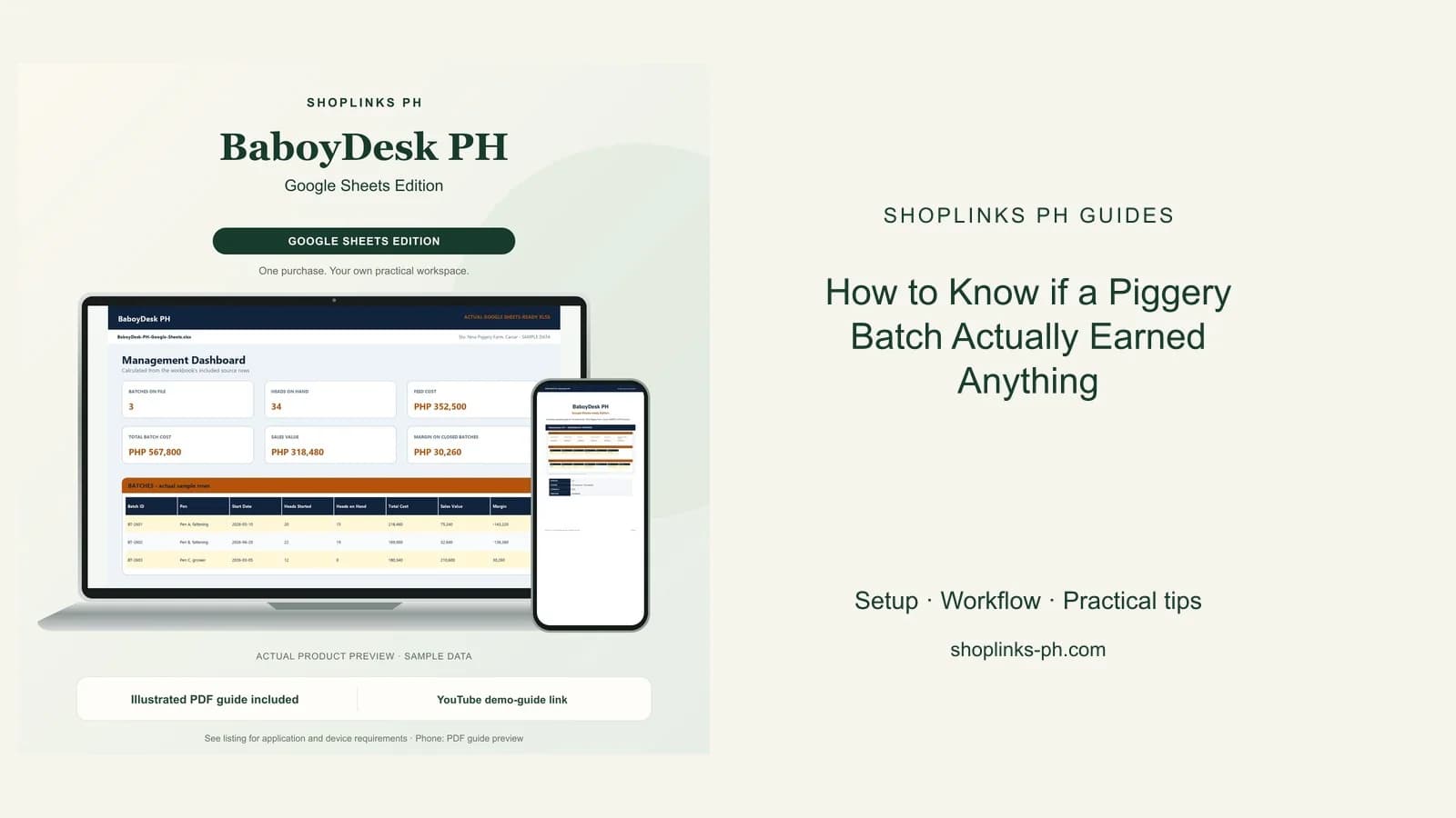 How to Know if a Piggery Batch Actually Earned Anything: matching product and illustrated guide previews on laptop and phone.