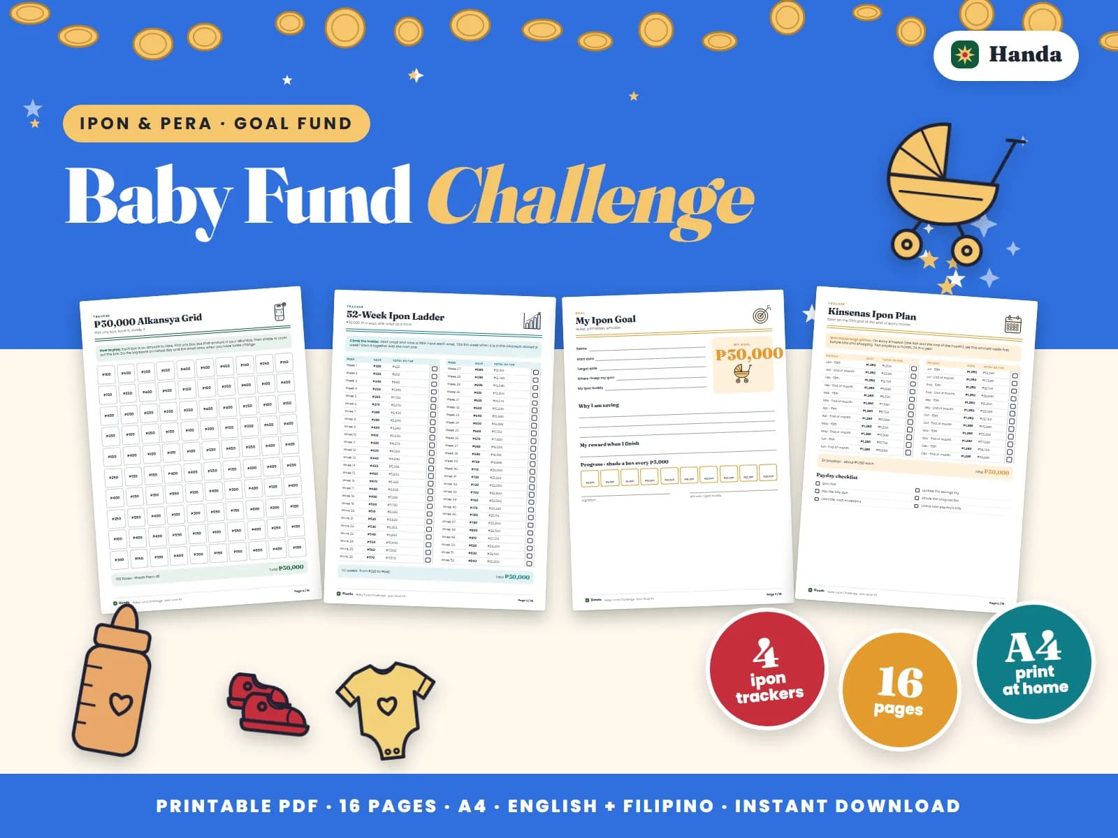 Cover of Baby Fund Challenge, a printable ipon challenge kit showing four of its pages