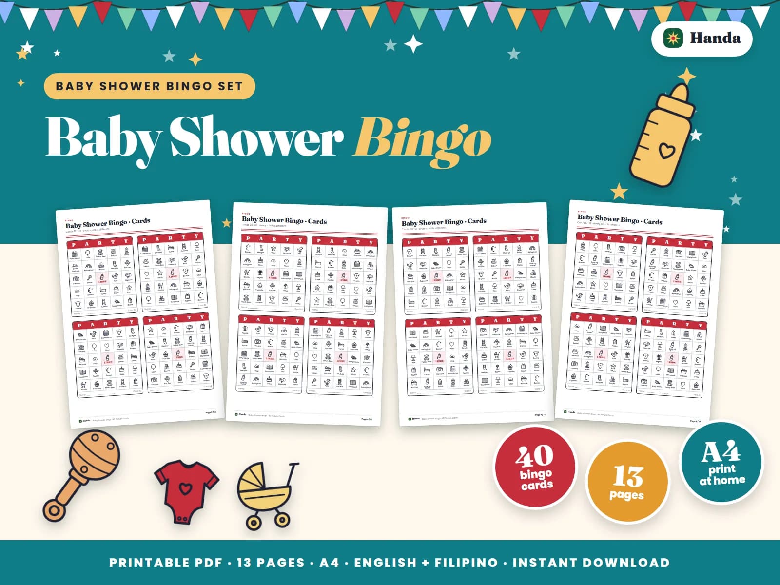 Cover of Baby Shower Bingo, a printable bingo set showing four of its pages