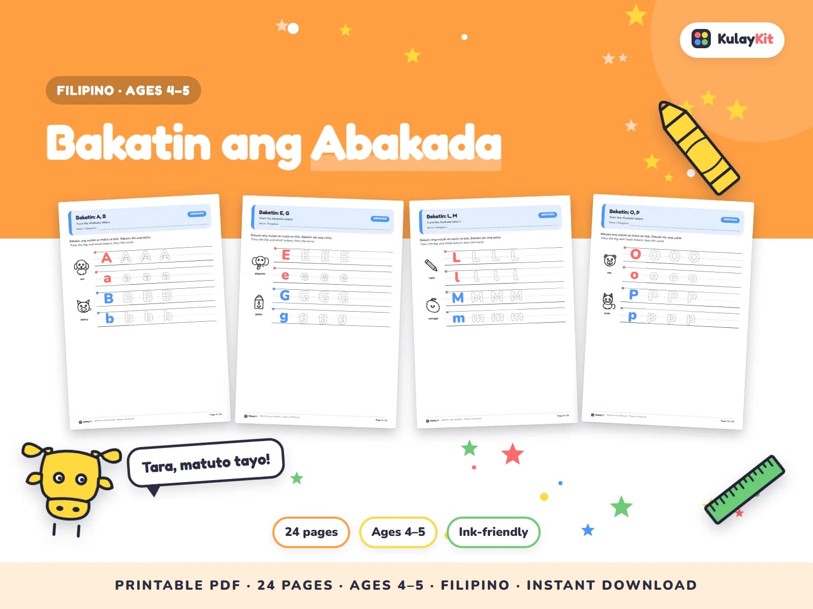 Cover of Bakatin ang Abakada, a printable pack for preschoolers ages 4 to 5, showing four of its pages