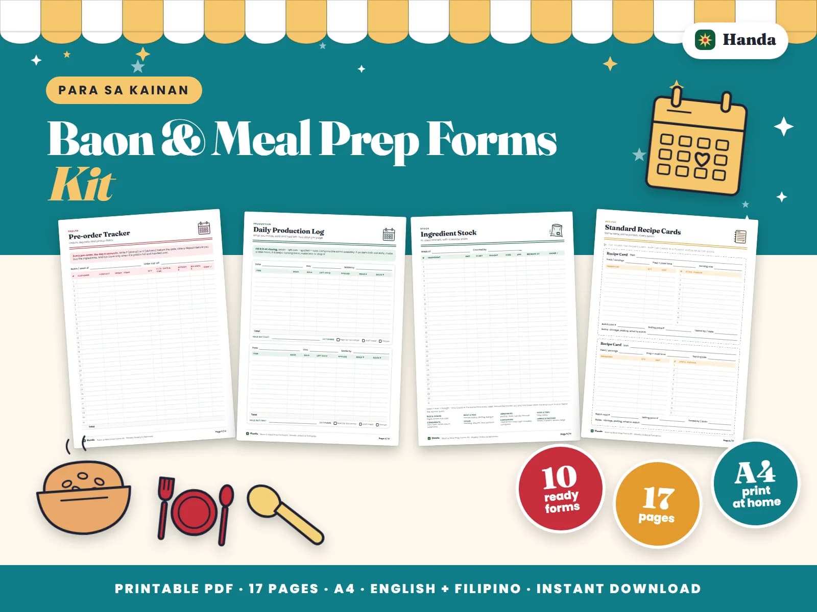 Cover of Baon & Meal Prep Forms Kit, a printable food business forms kit showing four of its pages