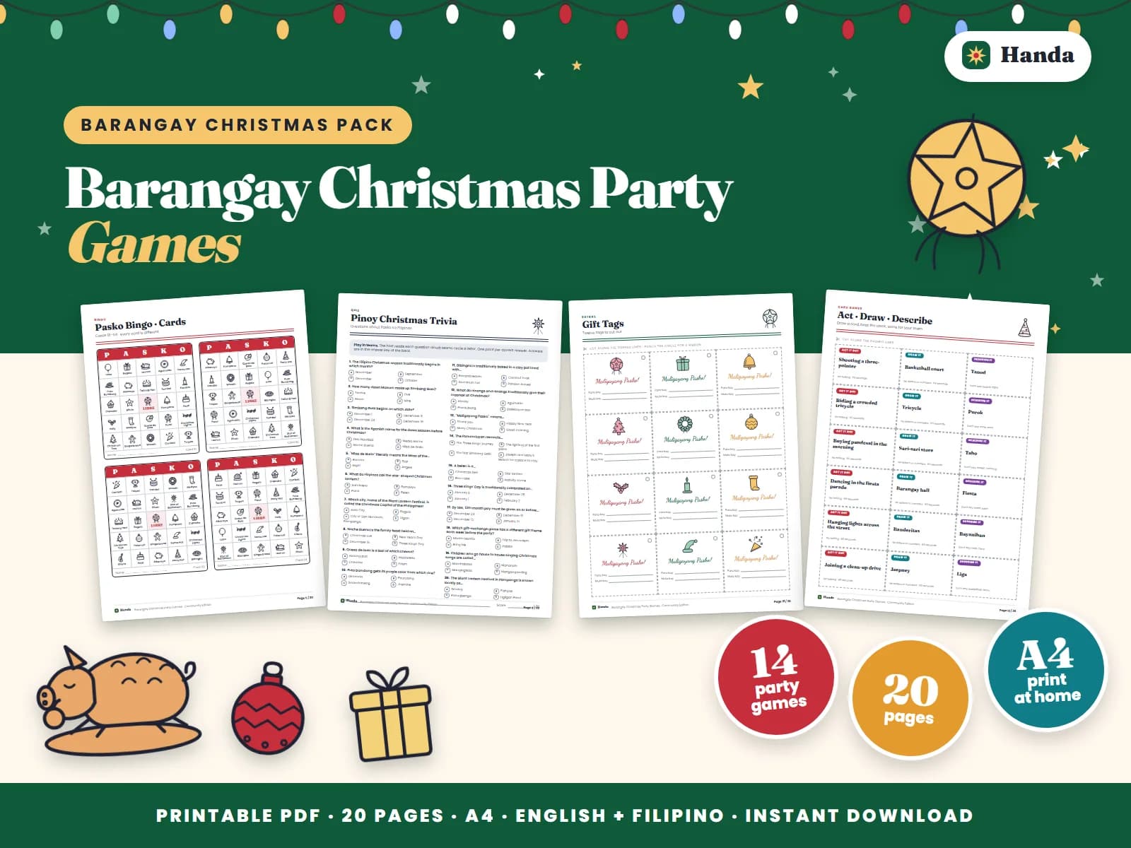 Cover of Barangay Christmas Party Games, a printable party games pack showing four of its pages