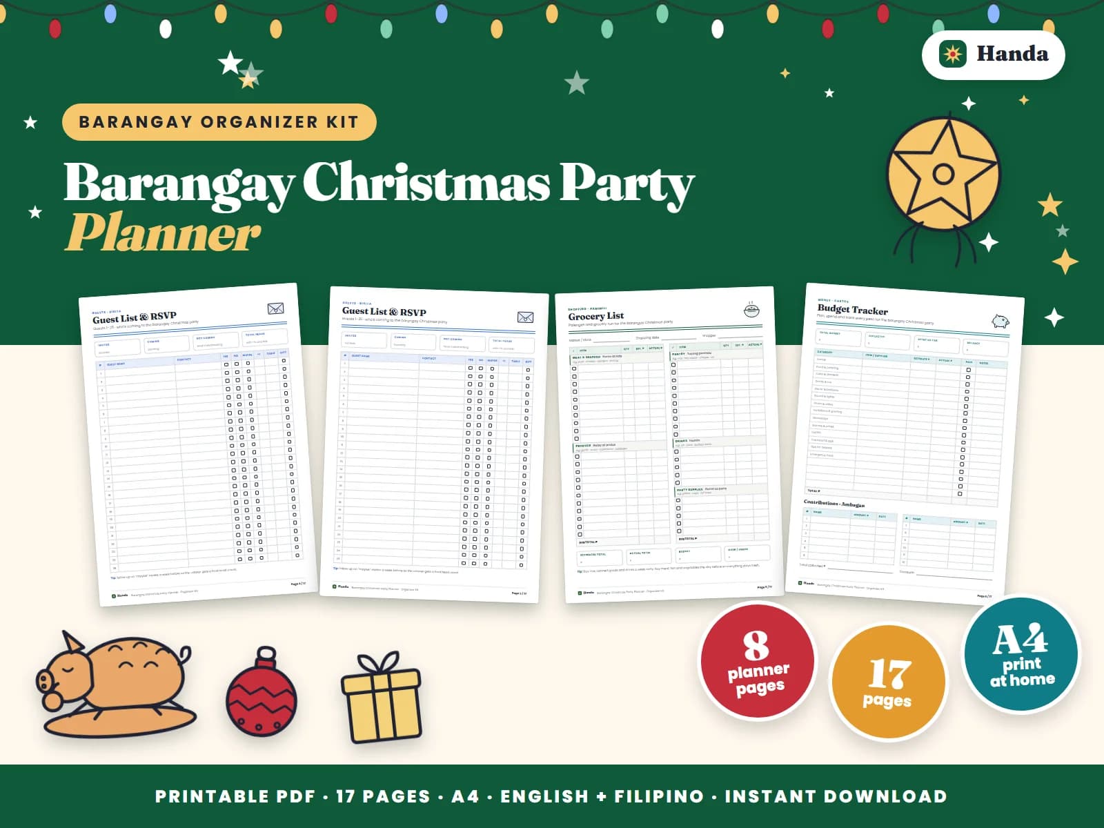Cover of Barangay Christmas Party Planner, a printable party planner kit showing four of its pages