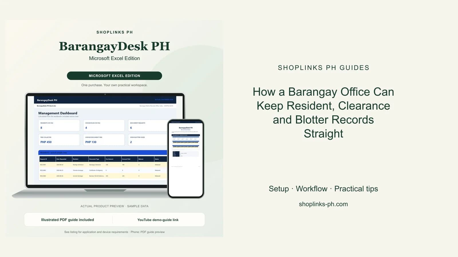 How a Barangay Office Can Keep Resident, Clearance and Blotter Records Straight: matching product and illustrated guide previews on laptop and phone.