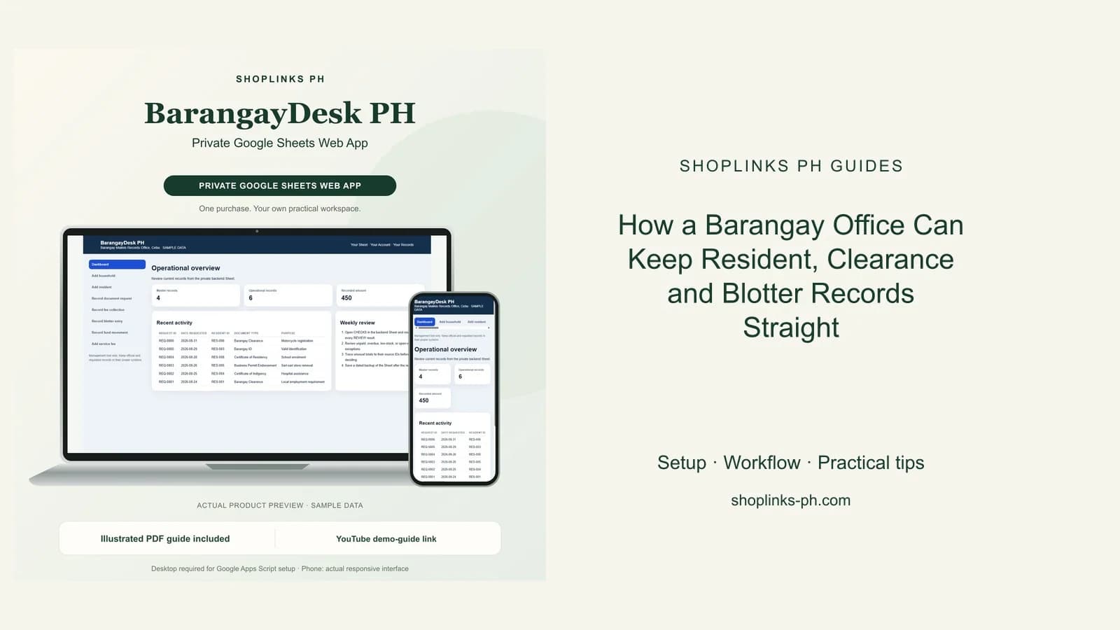 How a Barangay Office Can Keep Resident, Clearance and Blotter Records Straight: matching product and illustrated guide previews on laptop and phone.