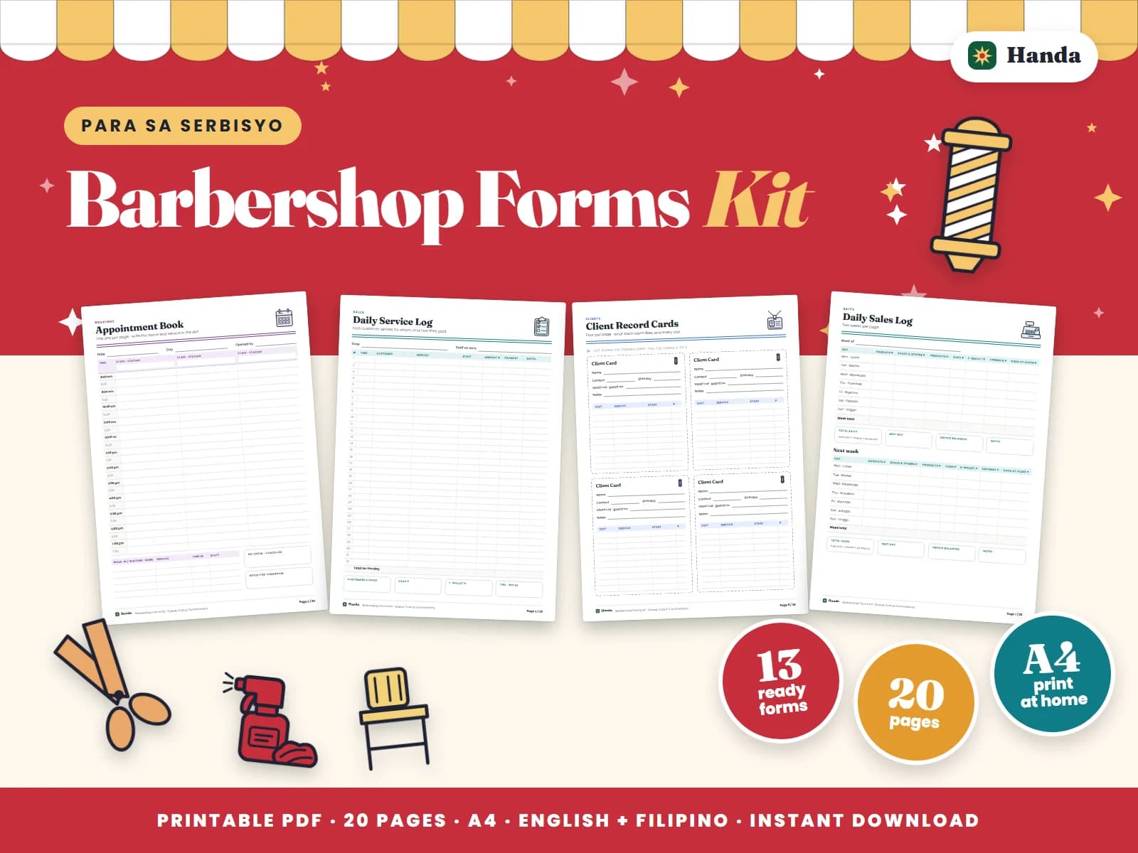 Cover of Barbershop Forms Kit, a printable service business forms kit showing four of its pages