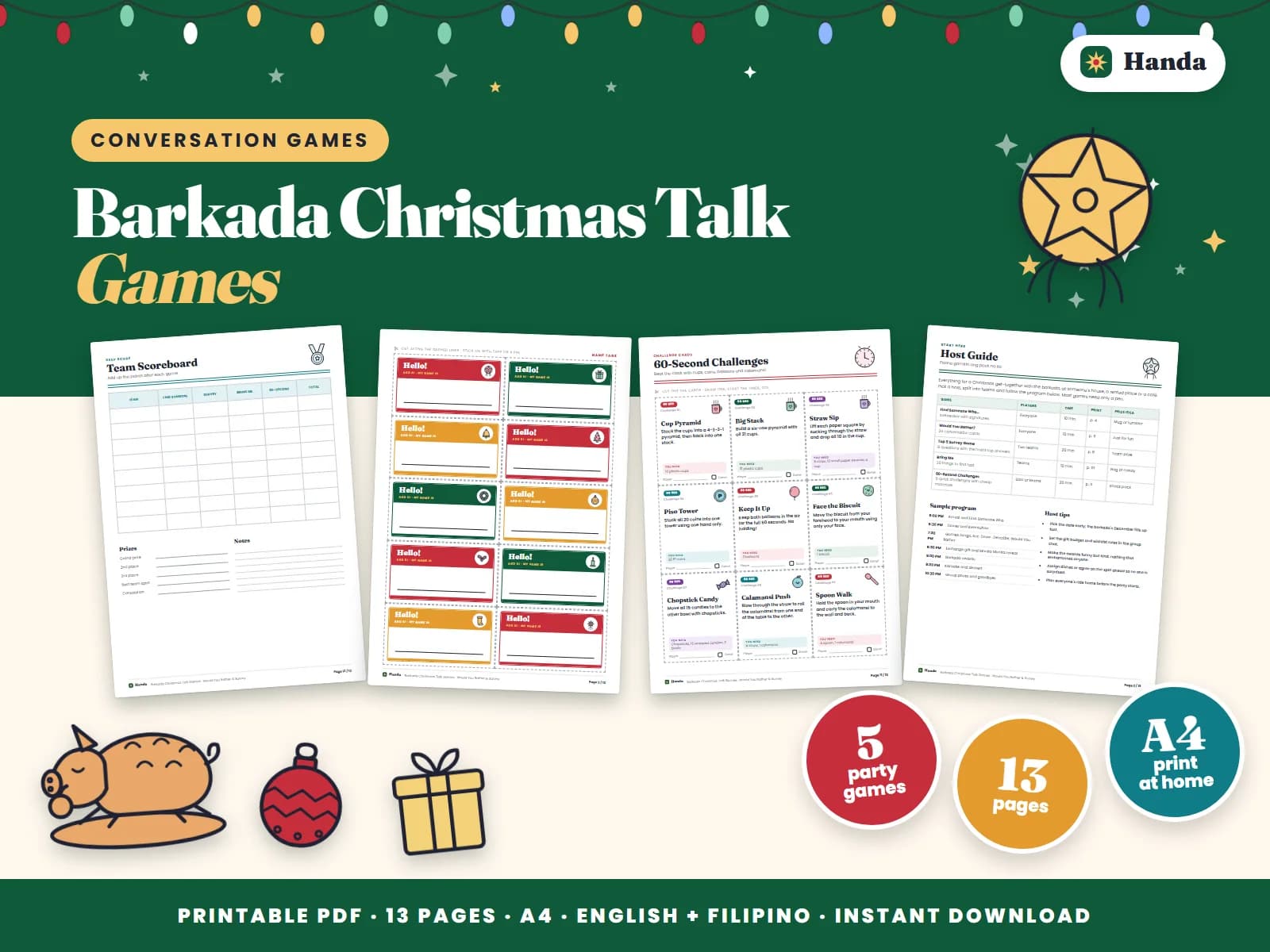 Cover of Barkada Christmas Talk Games, a printable icebreaker pack showing four of its pages