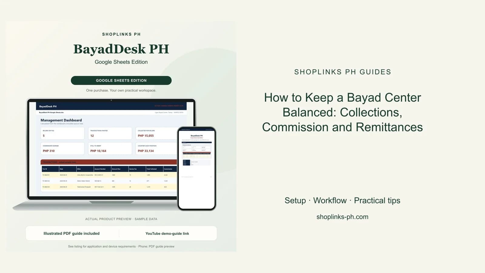 How to Keep a Bayad Center Balanced: Collections, Commission and Remittances: matching product and illustrated guide previews on laptop and phone.