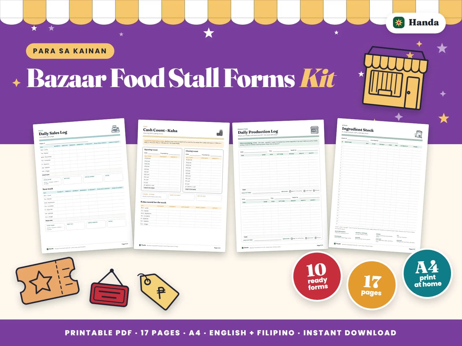 Cover of Bazaar Food Stall Forms Kit, a printable food business forms kit showing four of its pages
