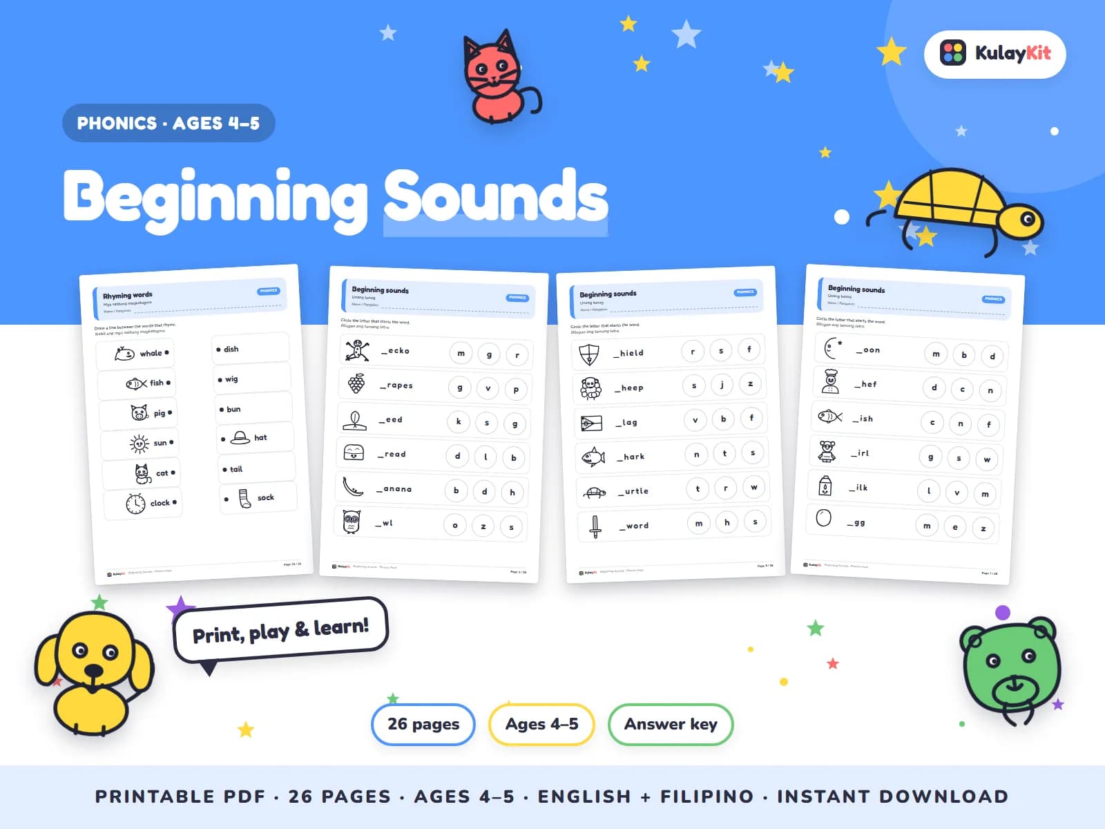 Cover of Beginning Sounds, a printable pack for preschoolers ages 4 to 5, showing four of its pages