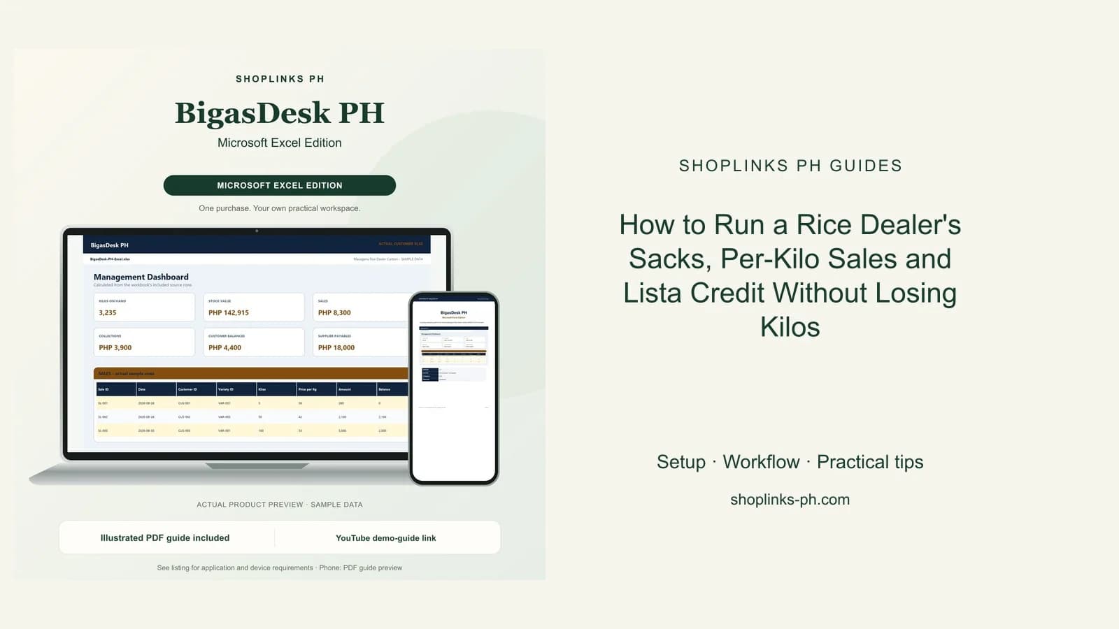 How to Run a Rice Dealer's Sacks, Per-Kilo Sales and Lista Credit Without Losing Kilos: matching product and illustrated guide previews on laptop and phone.