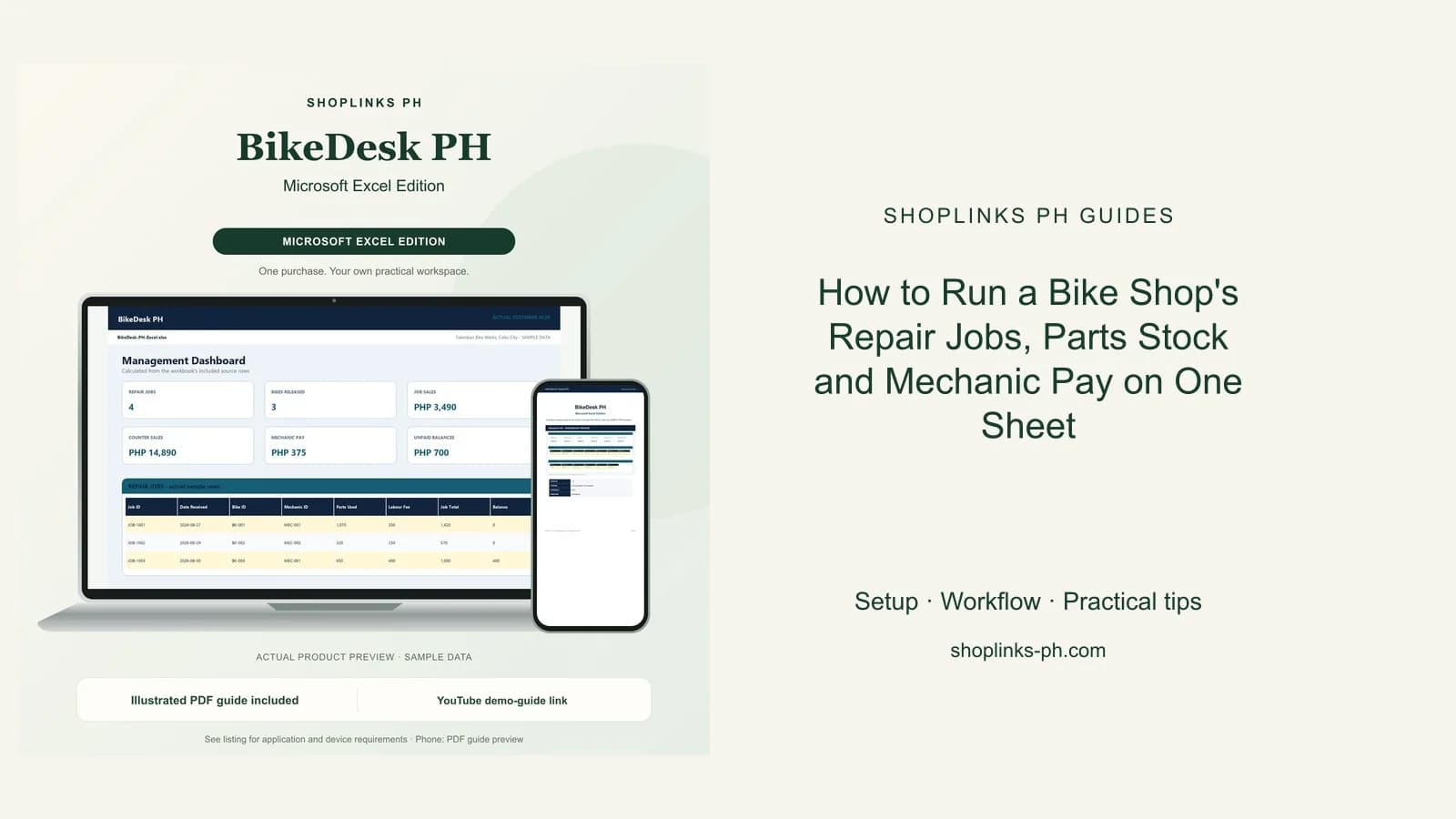 How to Run a Bike Shop's Repair Jobs, Parts Stock and Mechanic Pay on One Sheet: matching product and illustrated guide previews on laptop and phone.