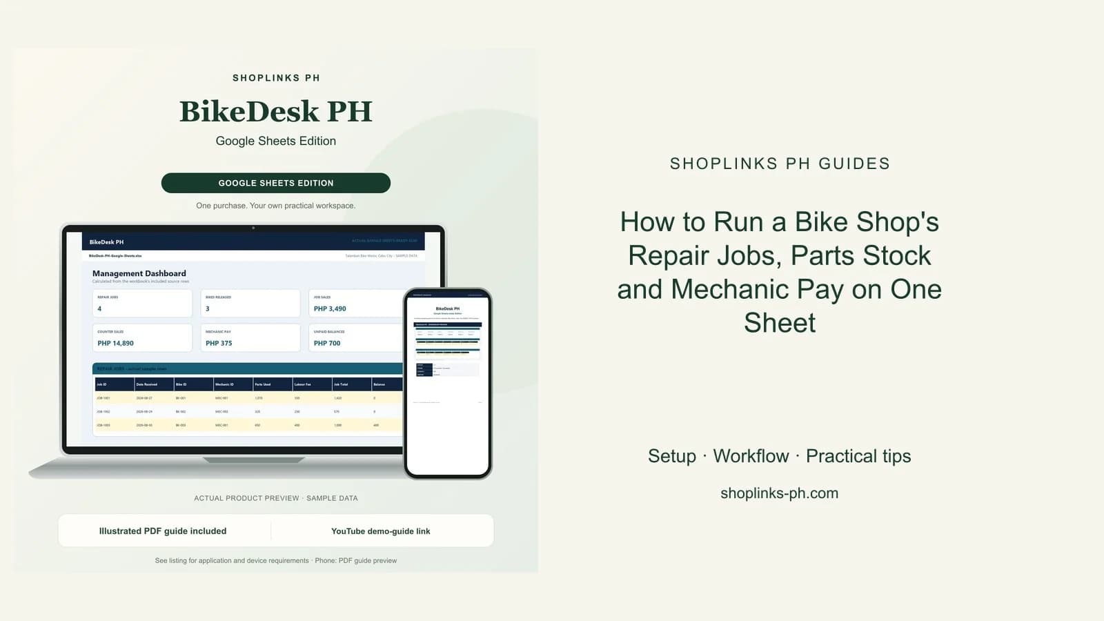 How to Run a Bike Shop's Repair Jobs, Parts Stock and Mechanic Pay on One Sheet: matching product and illustrated guide previews on laptop and phone.