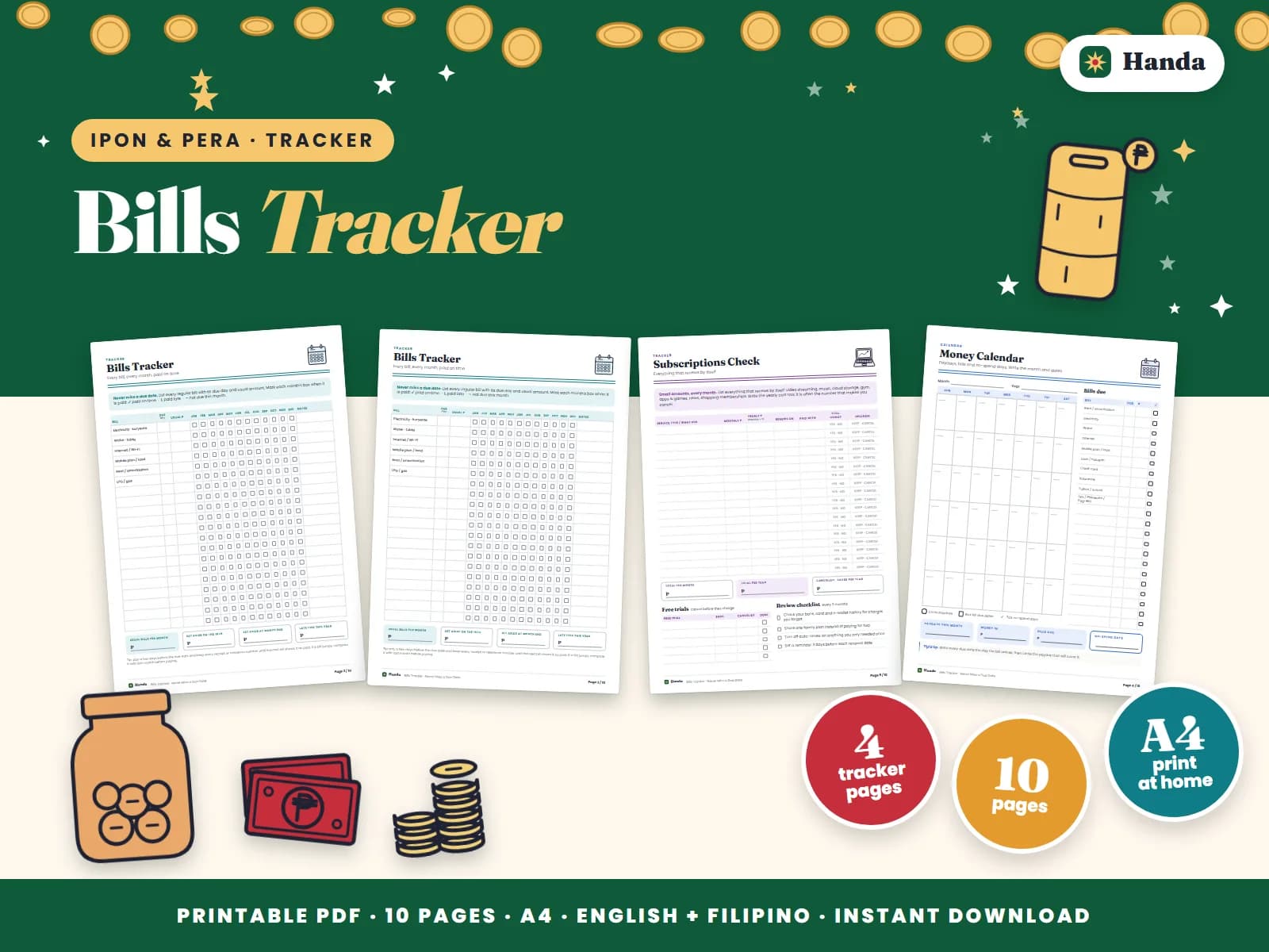 Cover of Bills Tracker, a printable money tracker showing four of its pages