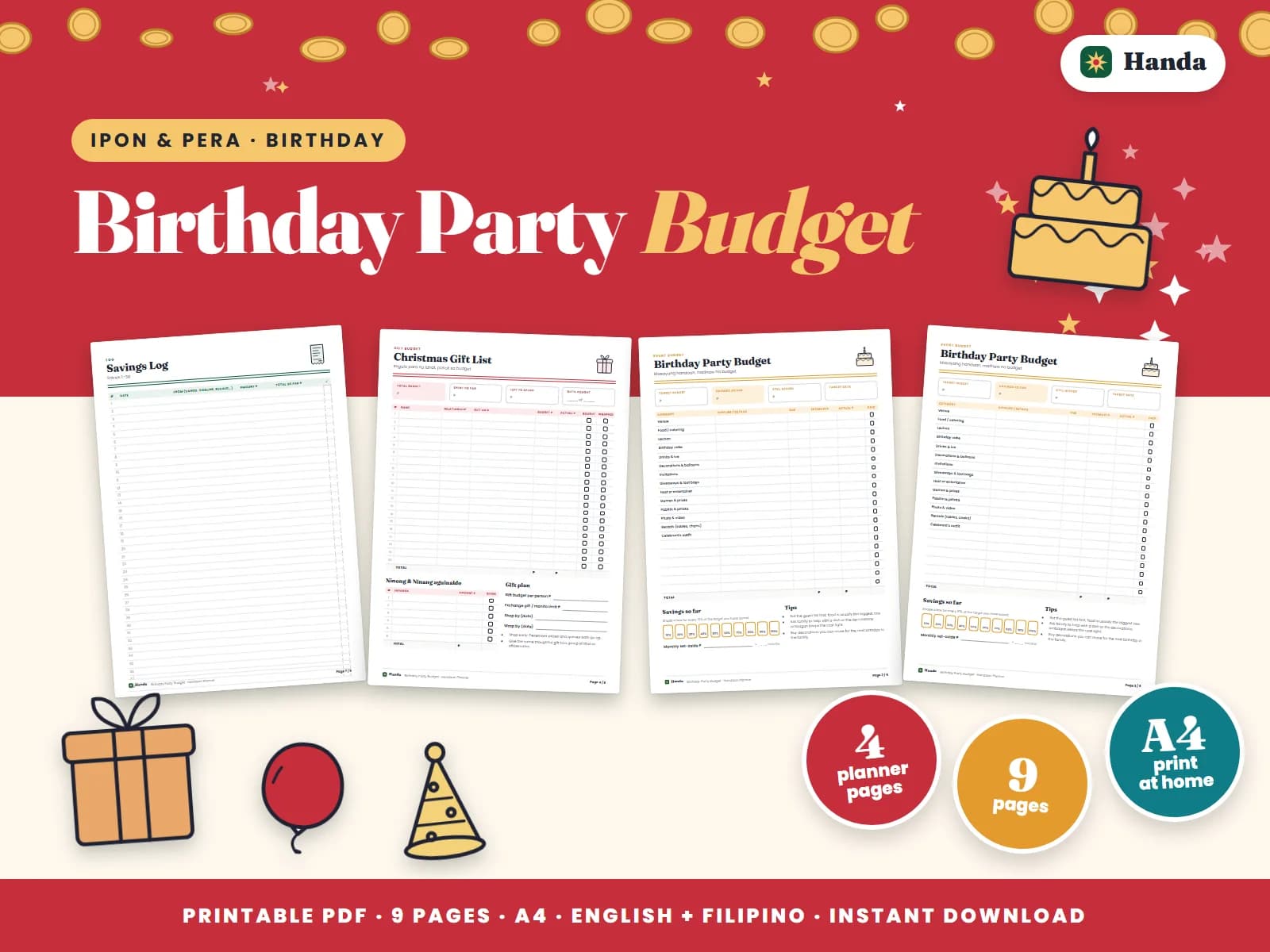 Cover of Birthday Party Budget, a printable budget planner showing four of its pages