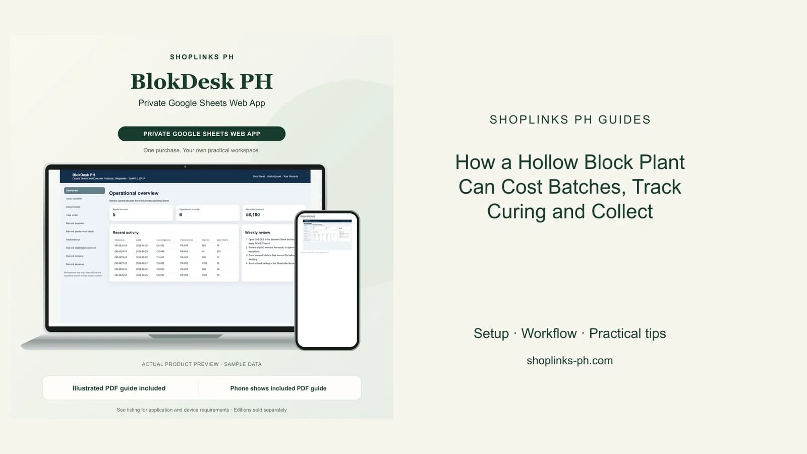 BlokDesk PH Private Google Sheets Web App dashboard using fictional sample data