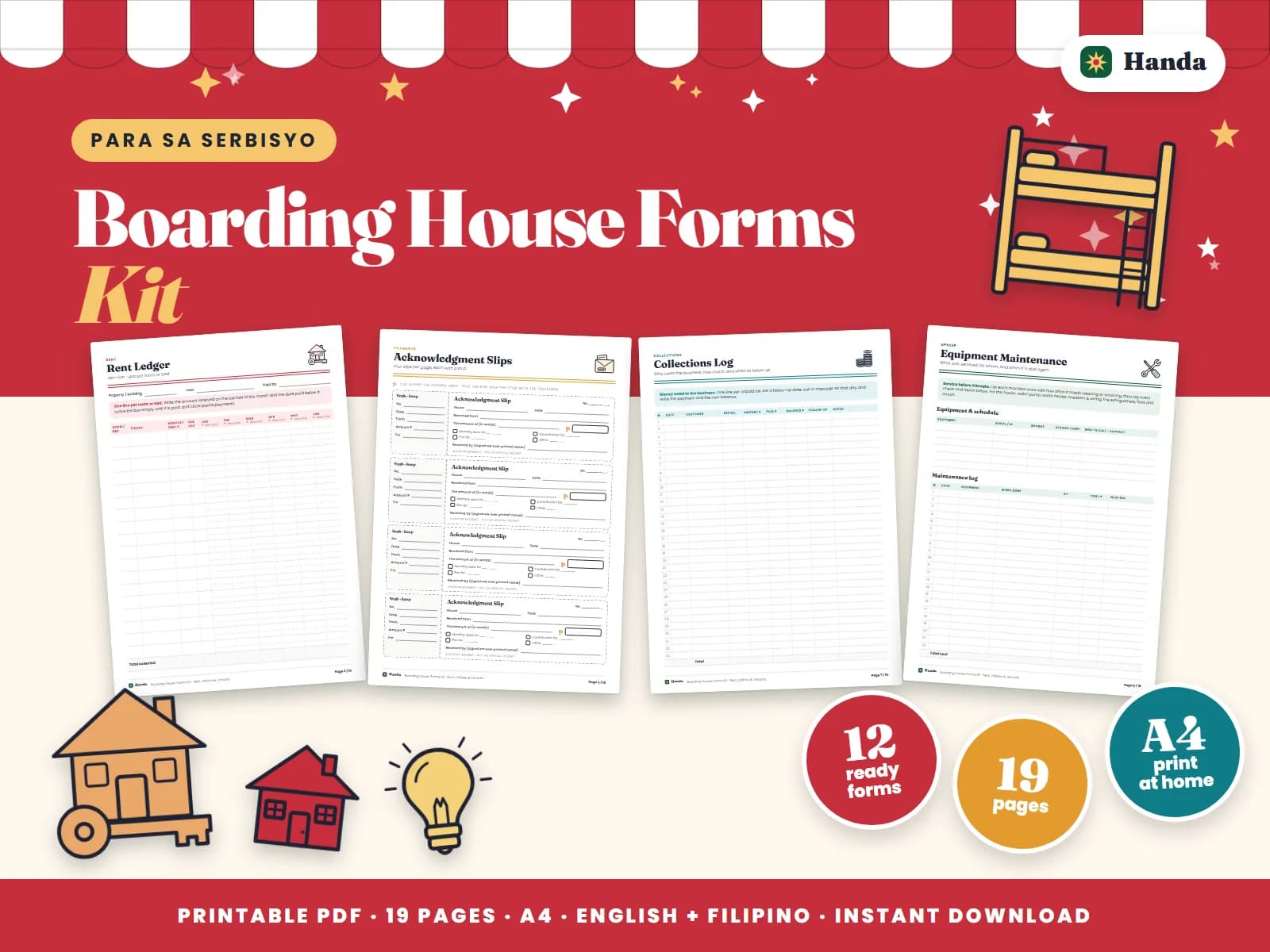 Cover of Boarding House Forms Kit, a printable service business forms kit showing four of its pages